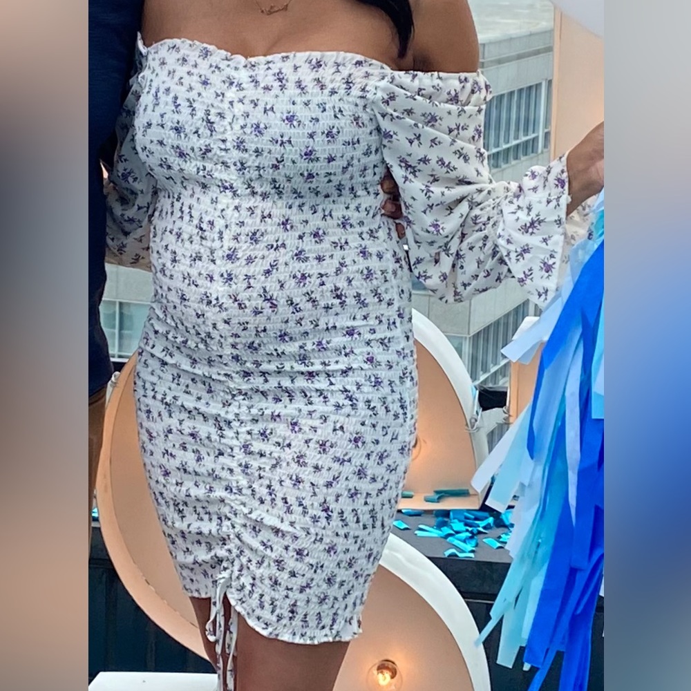 Smocked off shoulders mini dress